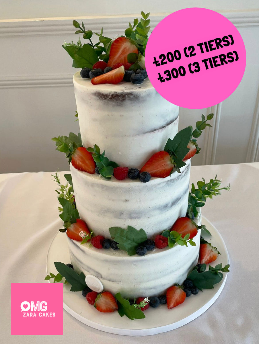 3 Tier fruits semi naked Wedding Cake – Zara Cakes