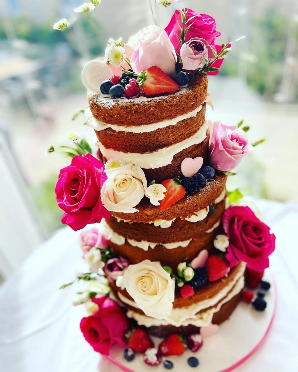 3 tier Floral & fruits NAKED Wedding Cake – Zara Cakes