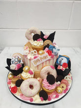 Load image into Gallery viewer, Pink & Gold Overload cake with cupcakes & doughnuts