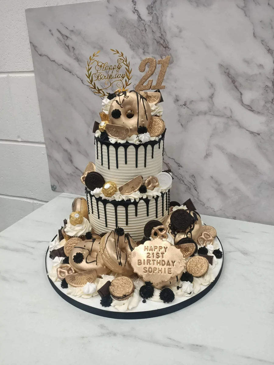 Black & Gold 2 Tier overload cake with Doughnuts – Zara Cakes