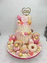 Load image into Gallery viewer, Black &amp; Gold 2 Tier overload cake with Doughnuts
