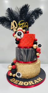 3 Tier Black, Red & Gold Feather themed Cake