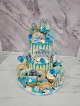 Load image into Gallery viewer, Black &amp; Gold 2 Tier overload cake with Doughnuts
