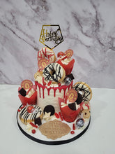 Load image into Gallery viewer, Gold &amp; Black Overload cake with cupcakes &amp; doughnuts
