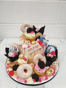 Pink & Gold Overload cake with cupcakes & doughnuts