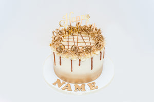 Gold Pretzel Happy Birthday Drip Cake