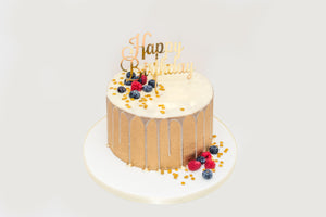 Gold & Fruits Happy Birthday Drip Cake