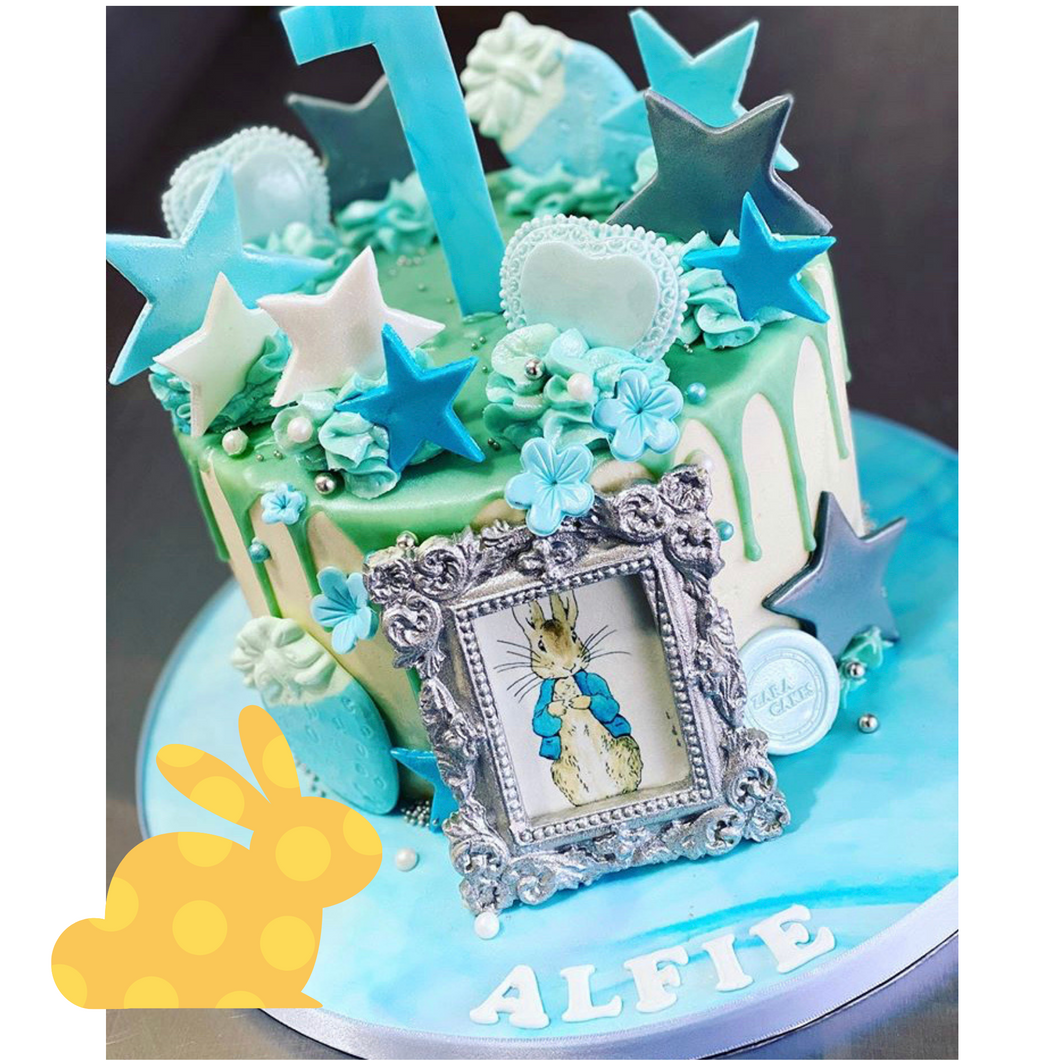 Blue frame Peter Rabbit Birthday drip Cake