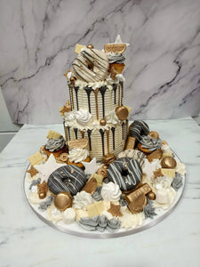 Black & Gold 2 Tier overload cake with Doughnuts